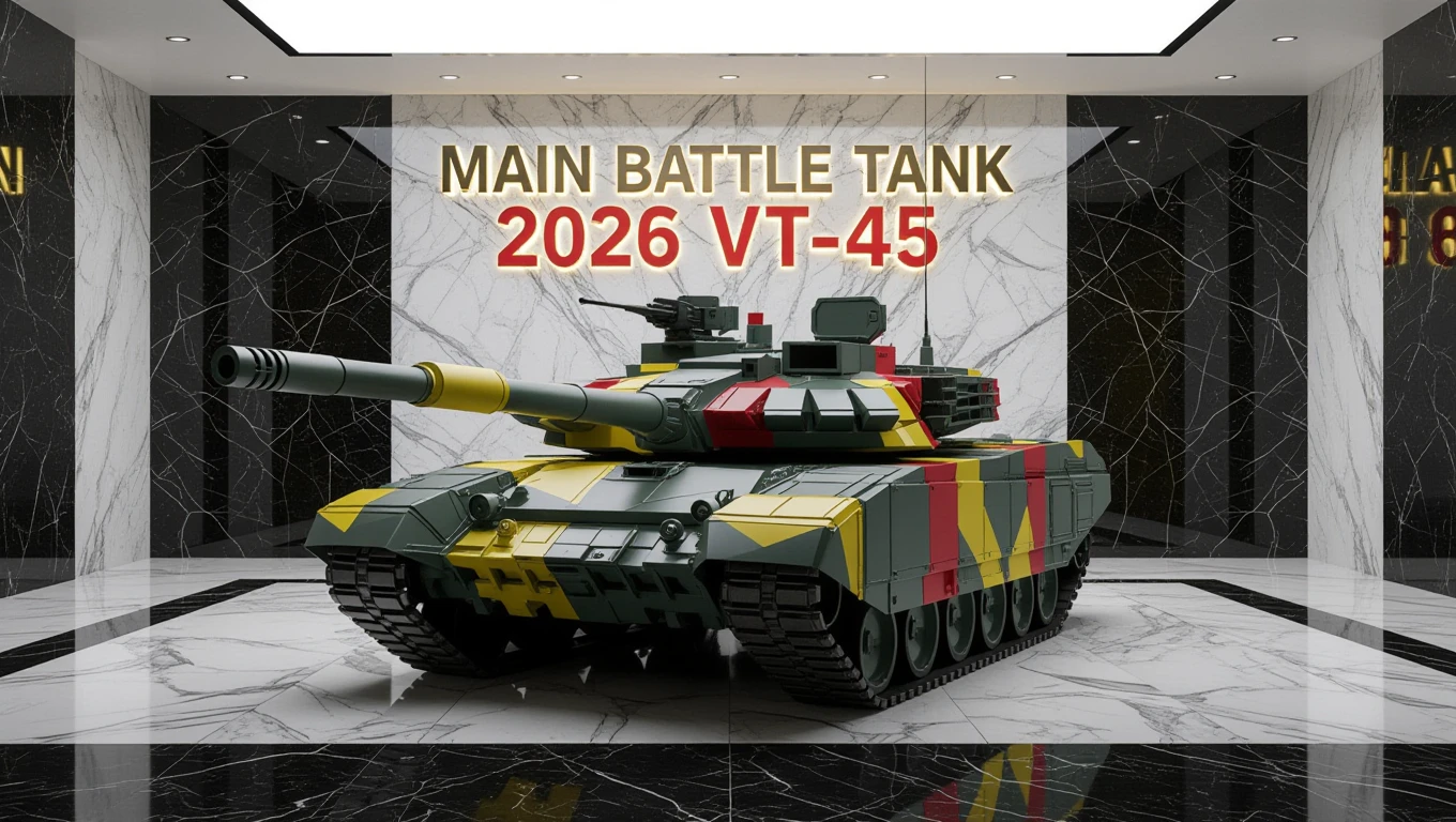 Model tank in a modern exhibition space with marble walls.