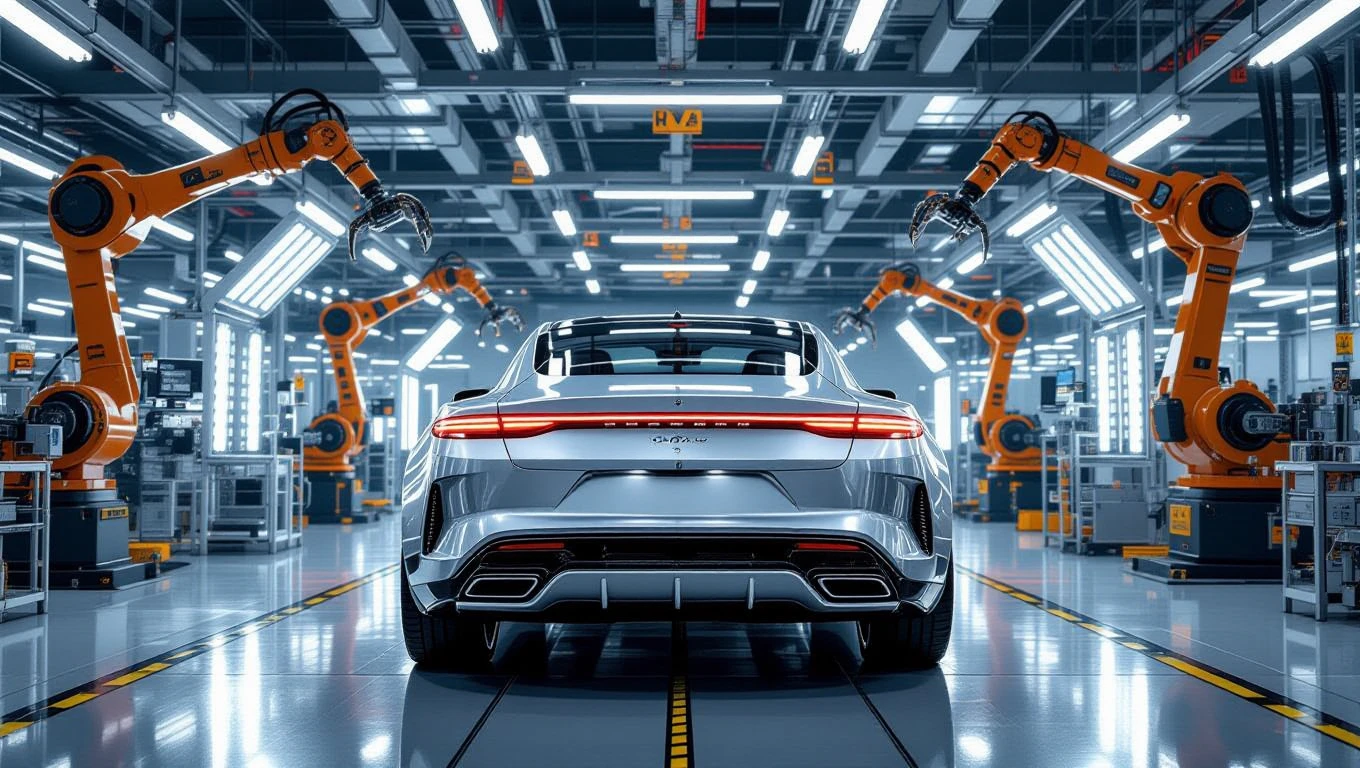 Moderné auto v automobilke s robotickými ramenami v pozadí.