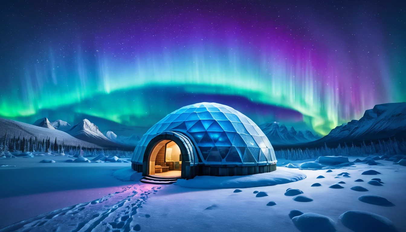 Iglu v zasneženej krajine pod polárnou žiarou, symbolizujúci bezpečie.