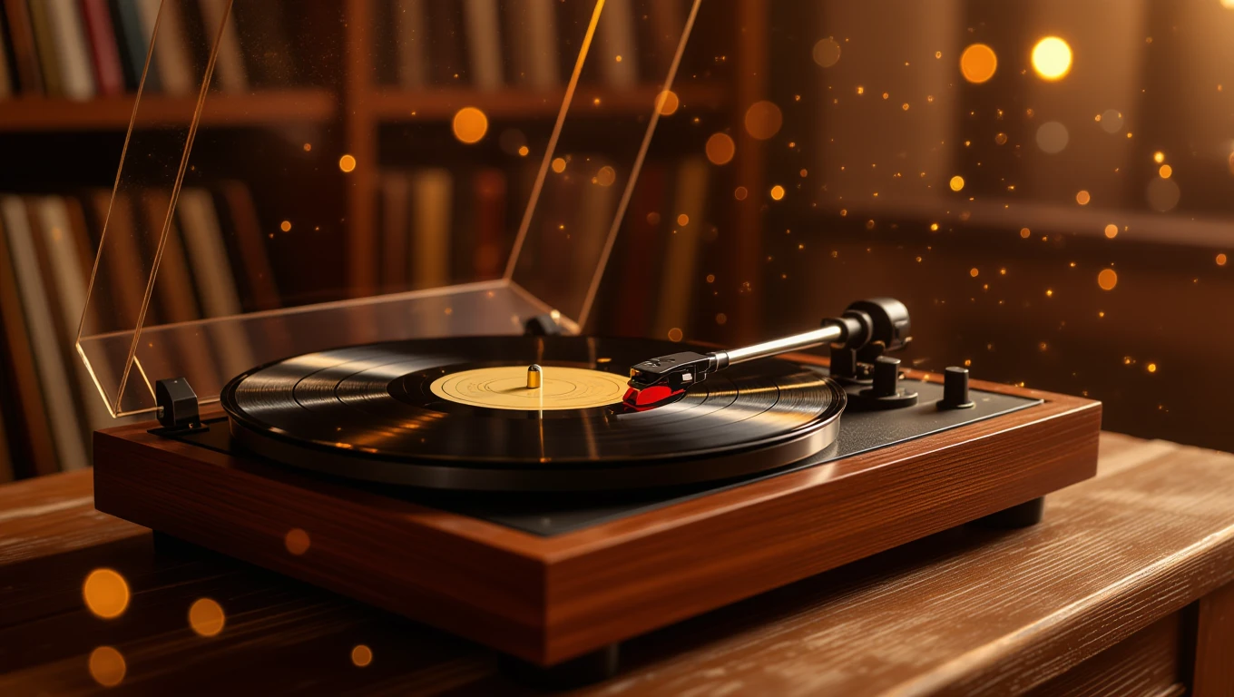 Gramofón s čiernym vinylom a červenou ihlou, osvetlený teplým svetlom.