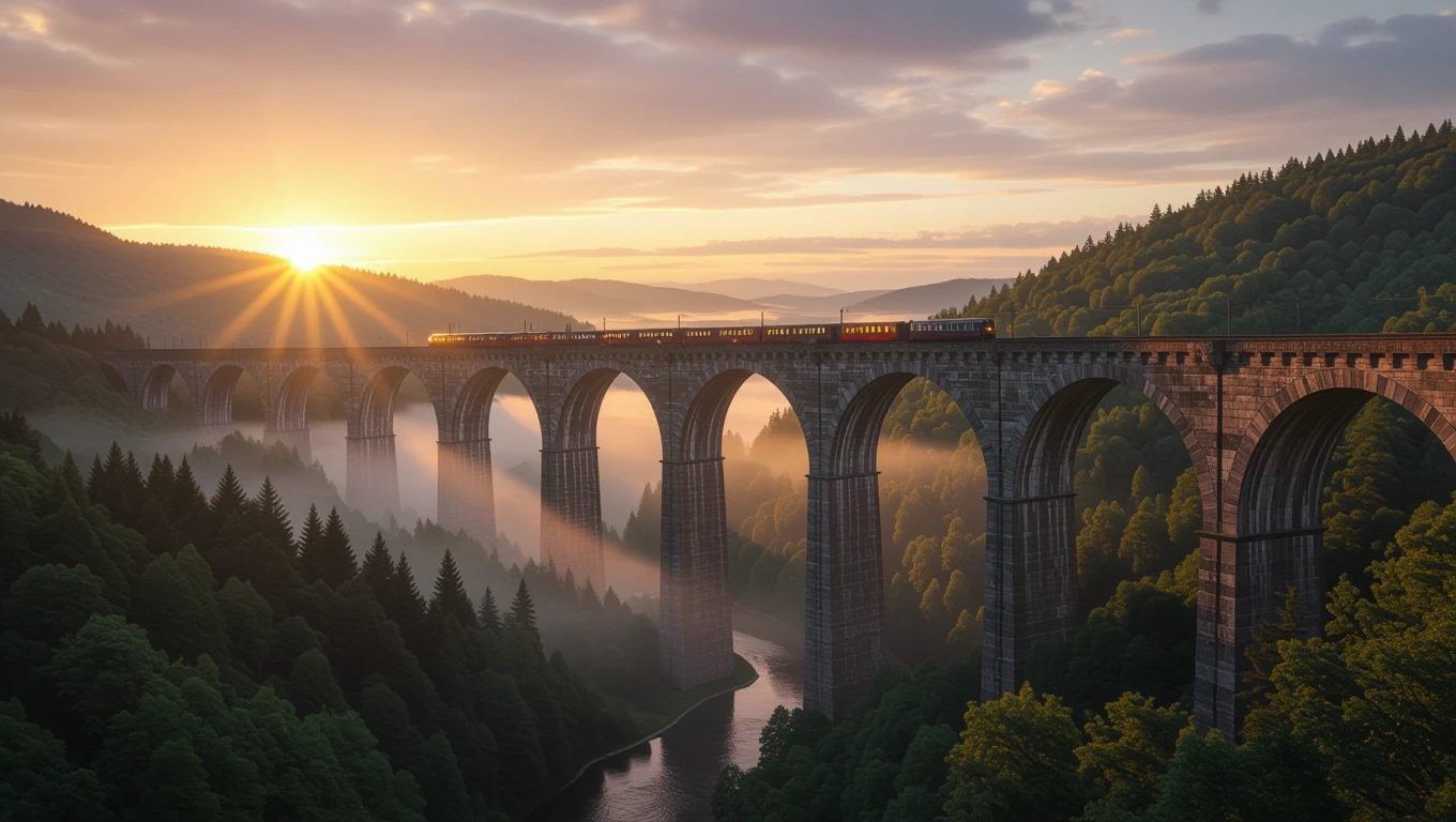 Viadukt s vlakom prechádzajúci cez hory pri východe slnka.