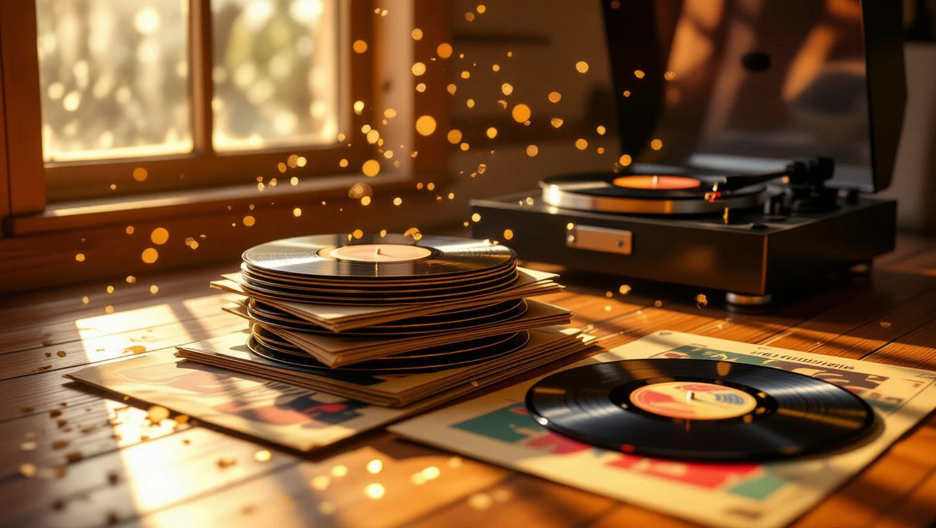 Stoh vinylových platní vedľa gramofónu na drevenej podlahe.