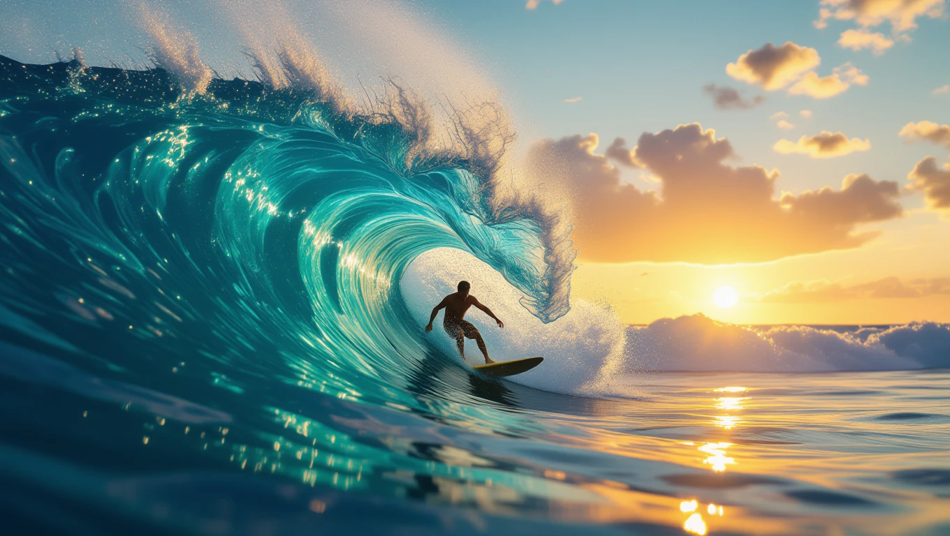 Surfista jazdí na veľkej vlně pri západe slnka na pokojnom mori.