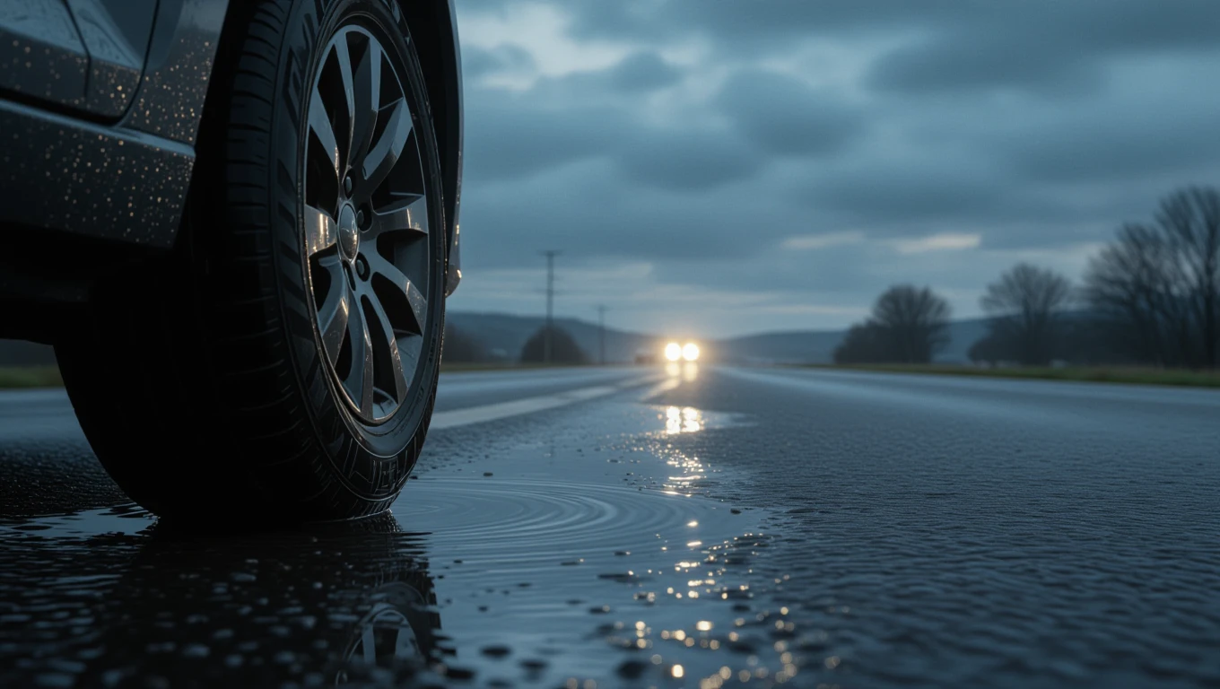 Pohľad na auto s gumami na mokrej ceste, symbolizujúci flexibilitu a prispôsobivosť.