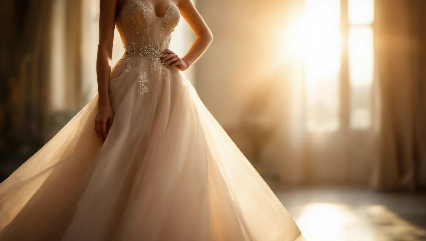 Žena v elegantných večerných šatách s jemnými detailmi a rozšírenou sukňou.