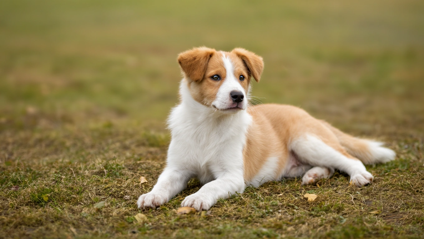 Mladý pes leží na tráve, vyzerá zvedavo a pokojne.