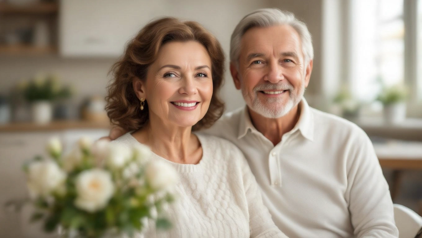 Šťastný starší pár sedí v kuchyni s kvetinami, symbolizujúci rodinné hodnoty.