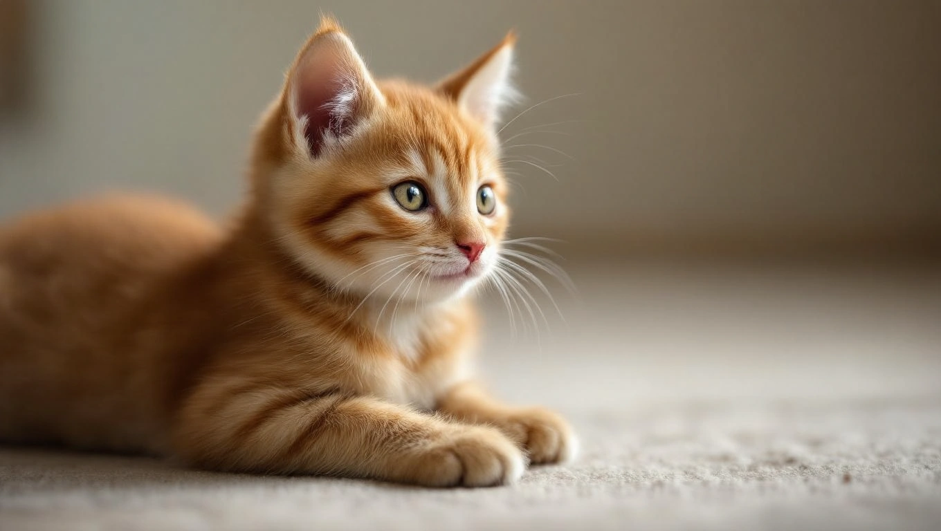 Malý oranžový kocúrik leží na podlahe a pozoruje okolie.
