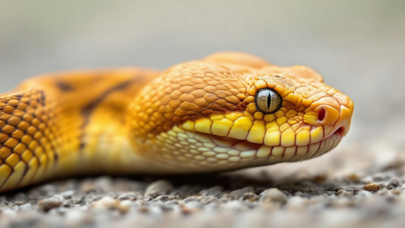 Detailný záber na hadí hlavu s jasnými farbami a textúrou pokožky.