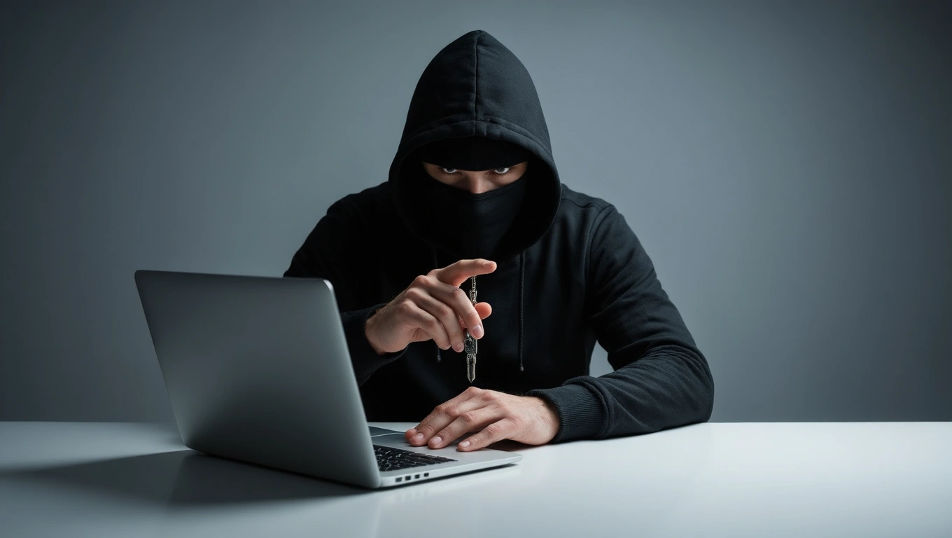 Muž v čiernej mikine a s kapucňou sedí pred laptopom, ukazuje prstom na diváka.