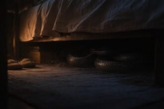 Obraz hada ukrytého pod posteľou v tmavej miestnosti