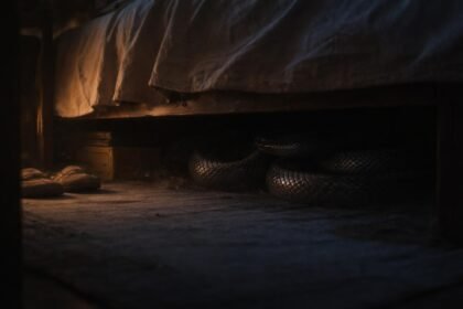 Obraz hada ukrytého pod posteľou v tmavej miestnosti