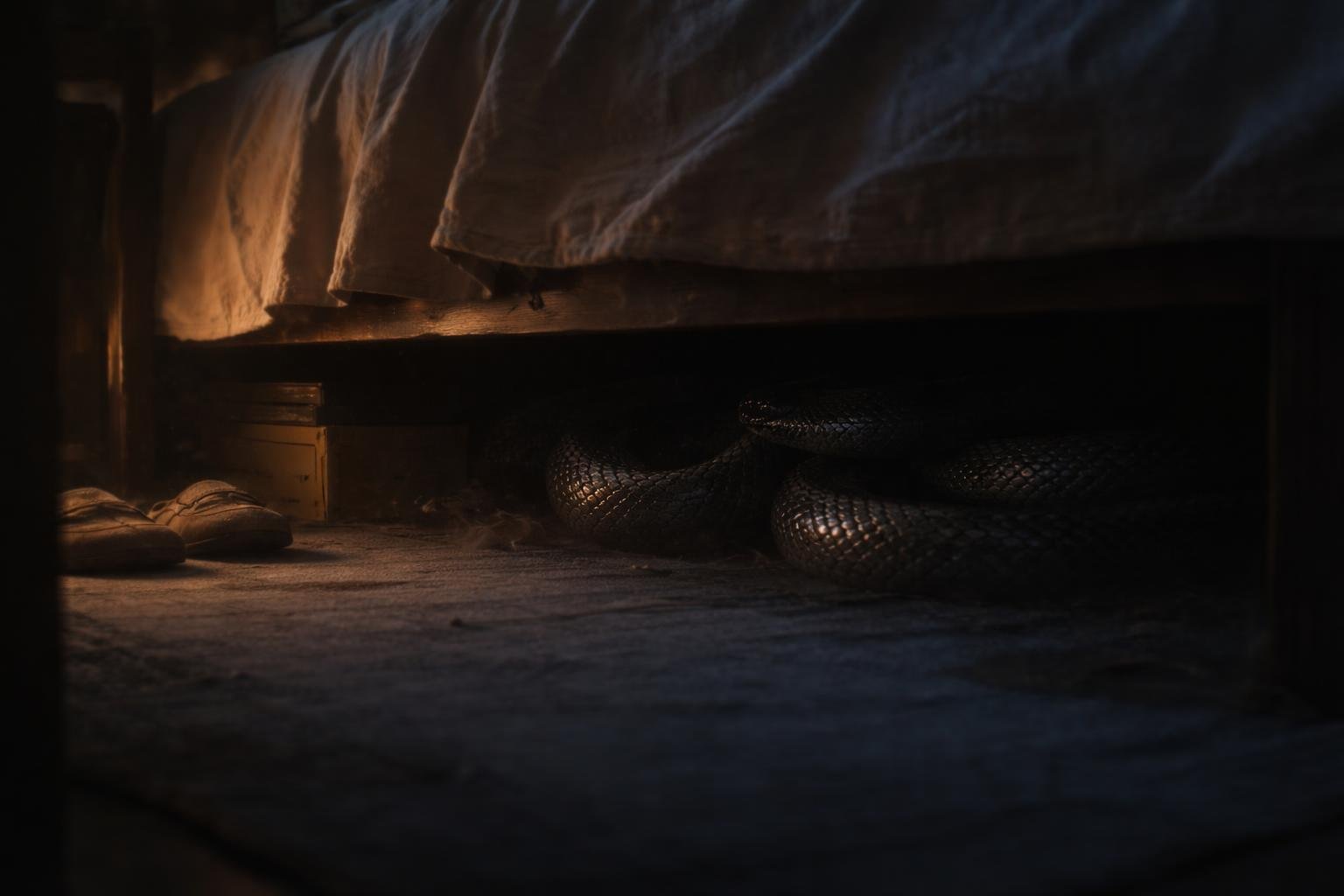 Obraz hada ukrytého pod posteľou v tmavej miestnosti