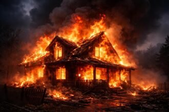 Horiaci dom symbolizujúci vnútorné premeny a emocionálne napätie