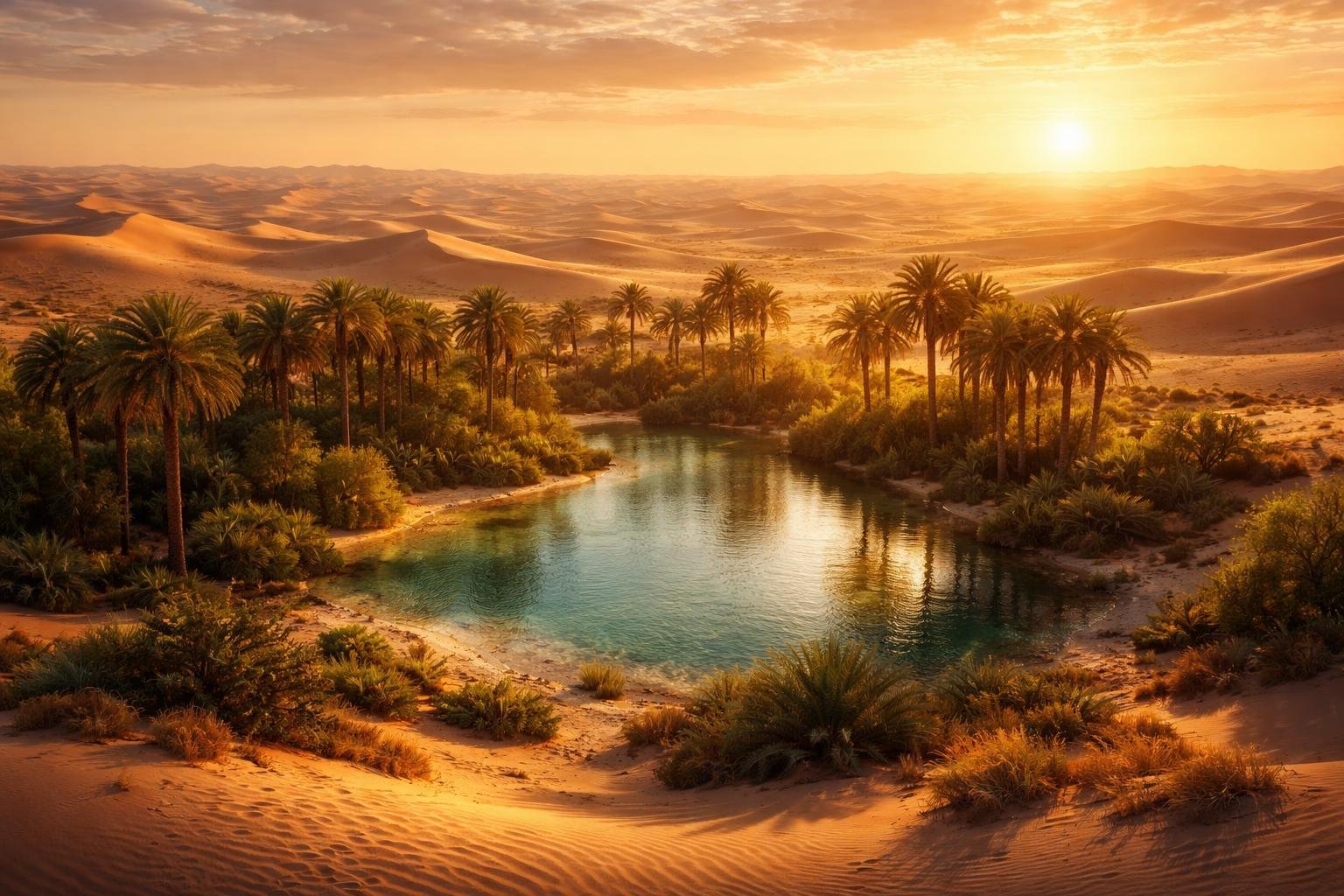 Púštna oáza symbolizujúca úľavu a nový život v suchom prostredí