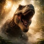 Silný T-rex v hustej džungli, symbolizujúci moc a energiu