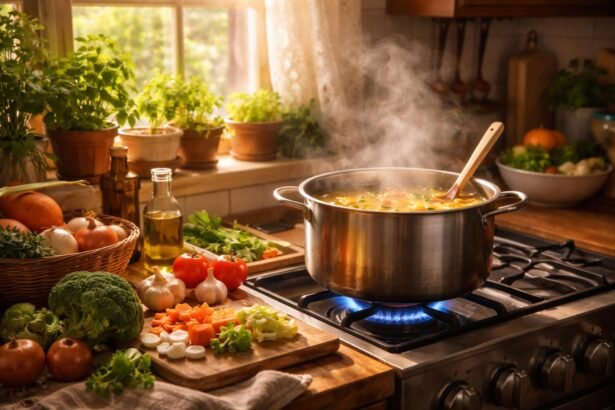 Osoba varí polievku v kuchyni s domáckou atmosférou