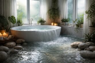 Zaplavená kúpeľňa s vodou naznačuje príliv silných emócií, symbol očisty.