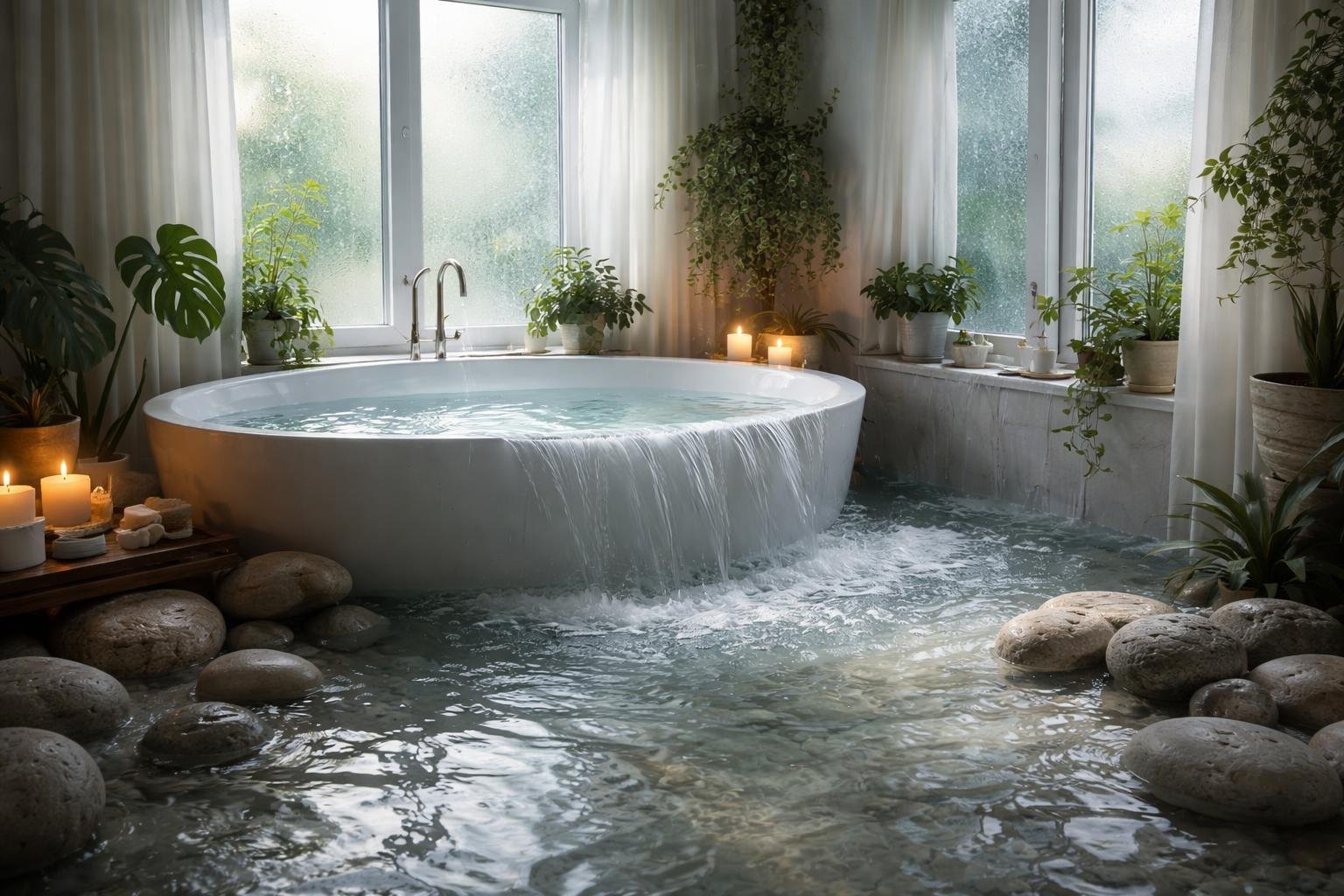 Zaplavená kúpeľňa s vodou naznačuje príliv silných emócií, symbol očisty.