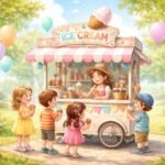 Zmrzlinový vozík na ulici za slnečného letného dňa s ľuďmi