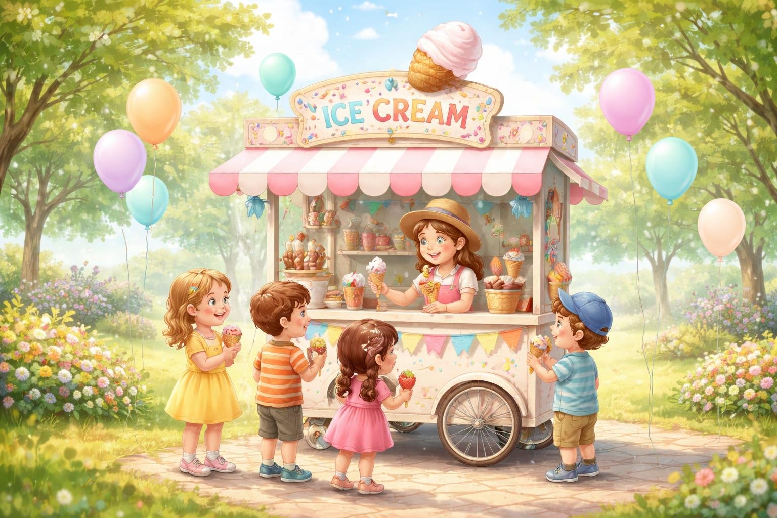 Zmrzlinový vozík na ulici za slnečného letného dňa s ľuďmi